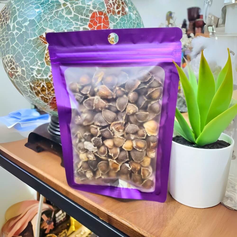 Packet of fresh brown Moringa Seeds 120 count on a wooden table.